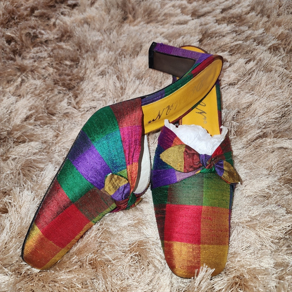 Vintage Raw Silk Multicolor Plaid Women's Mules Size 8.